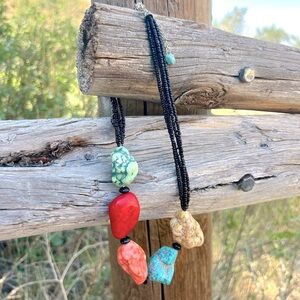 Vintage Chunky Stone Coral Red Turquoise Green And Black Beaded Necklace
